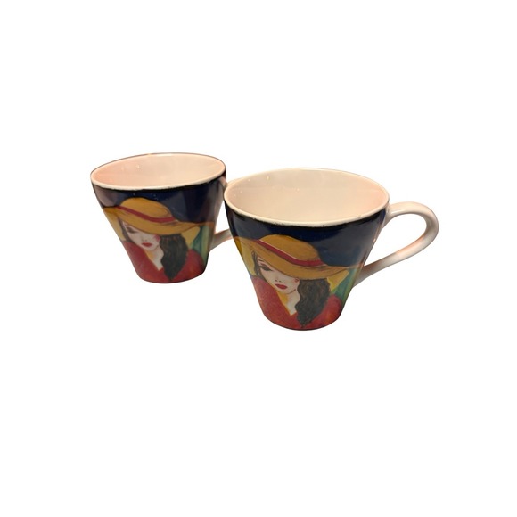 Misono Cafe Paris Art Deco Coffee Tea Mugs Set of 2 French Ladies with Hats - Picture 5 of 6